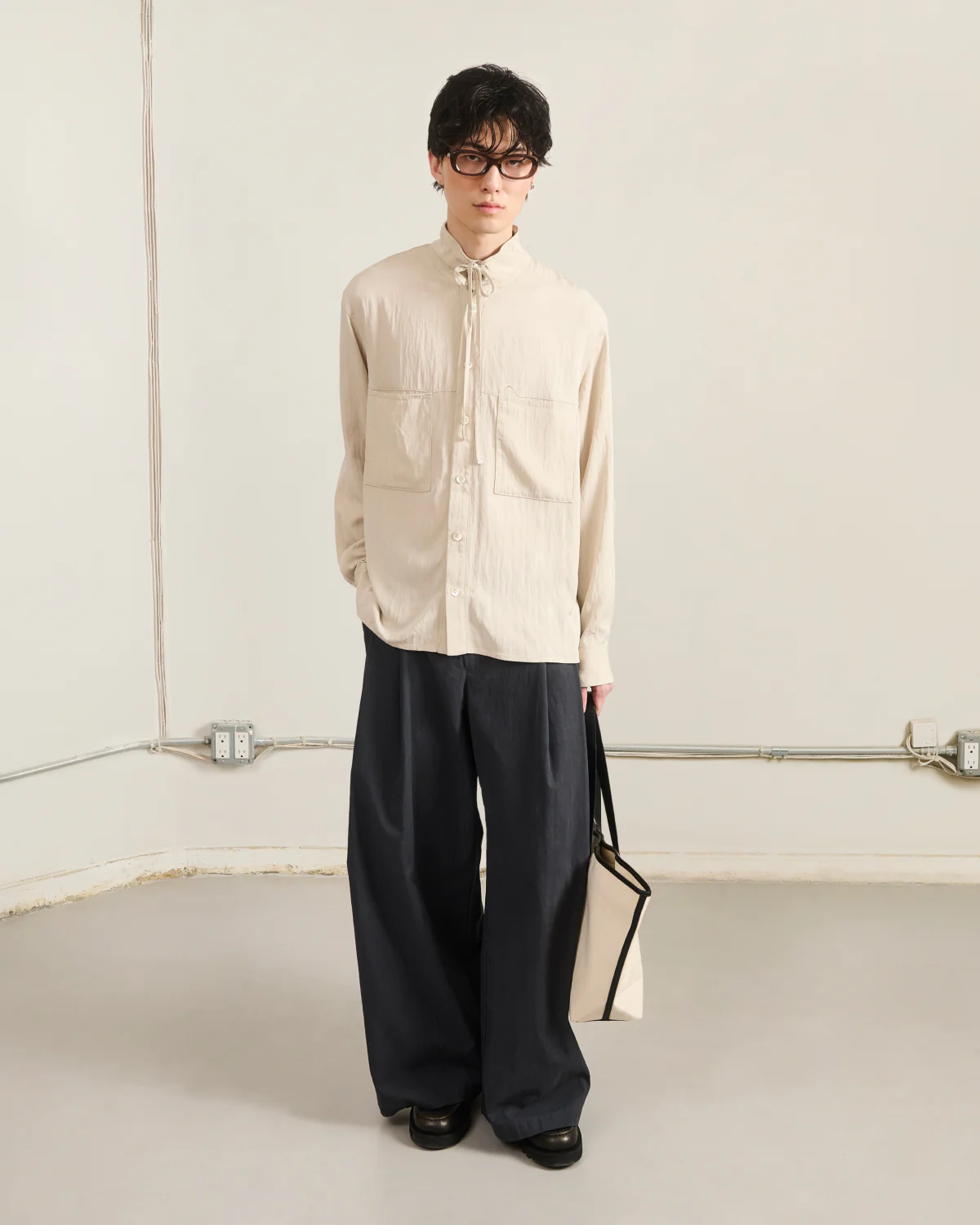 IVORY HIGH NECK TIE SHIRT - Image 2